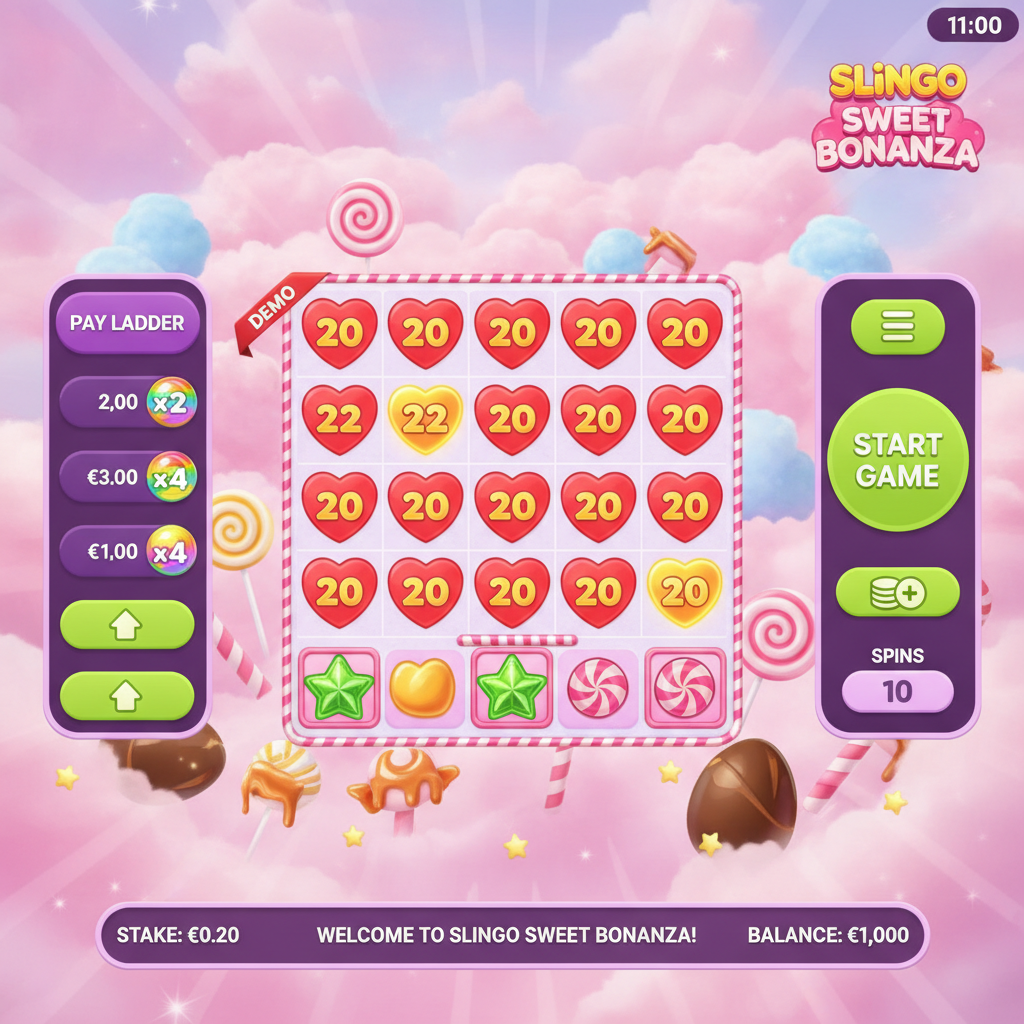 Slingo Sweet Bonanza game showing 5x5 bingo grid with heart-shaped candy tiles, colorful rainbow bomb bonuses, lollipops, and sweet symbols in pink cotton candy clouds background