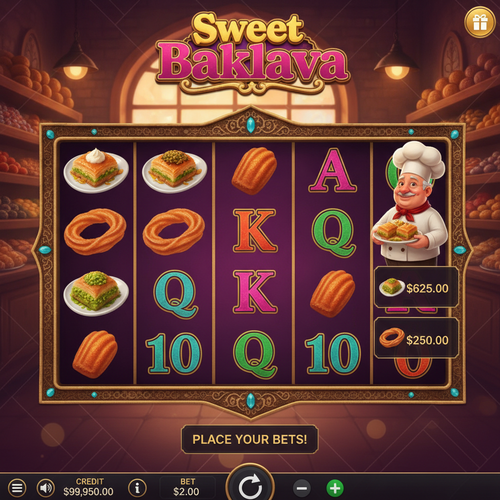Sweet Baklava slot game showing 5x3 reel grid with ornate golden frame, Turkish pastries on white plates, baklava symbols, and friendly chef character in warm Middle Eastern bakery setting