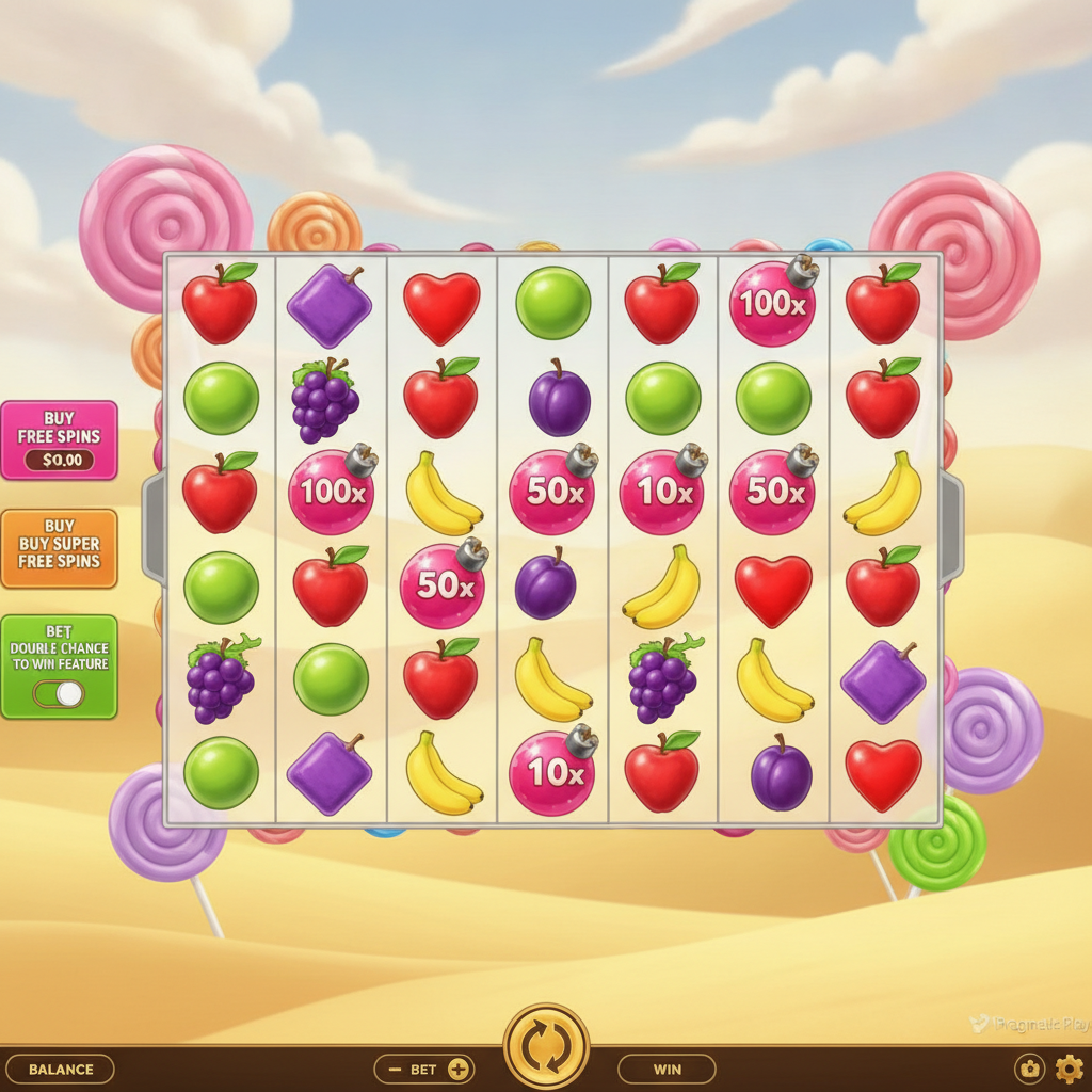 Sweet Bonanza 1000 slot game showing colorful candy symbols including heart candies, lollipops, multiplier bombs, and fruit symbols on a 6x5 grid with desert and sky background