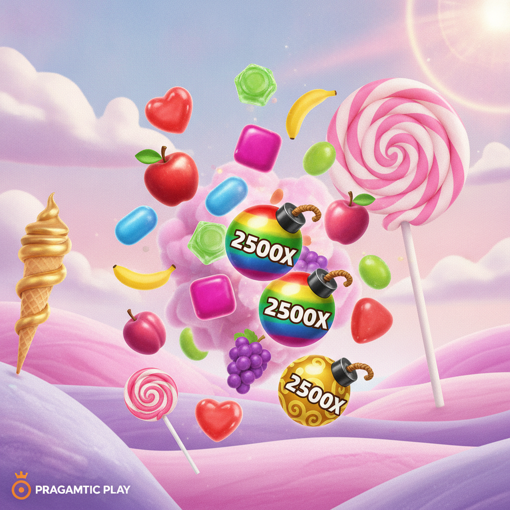 Sweet Bonanza 2500 slot game featuring colorful candy symbols, rainbow multiplier bombs with 2500x values, pink lollipop scatters, and vibrant fruit symbols on a magical candy landscape background