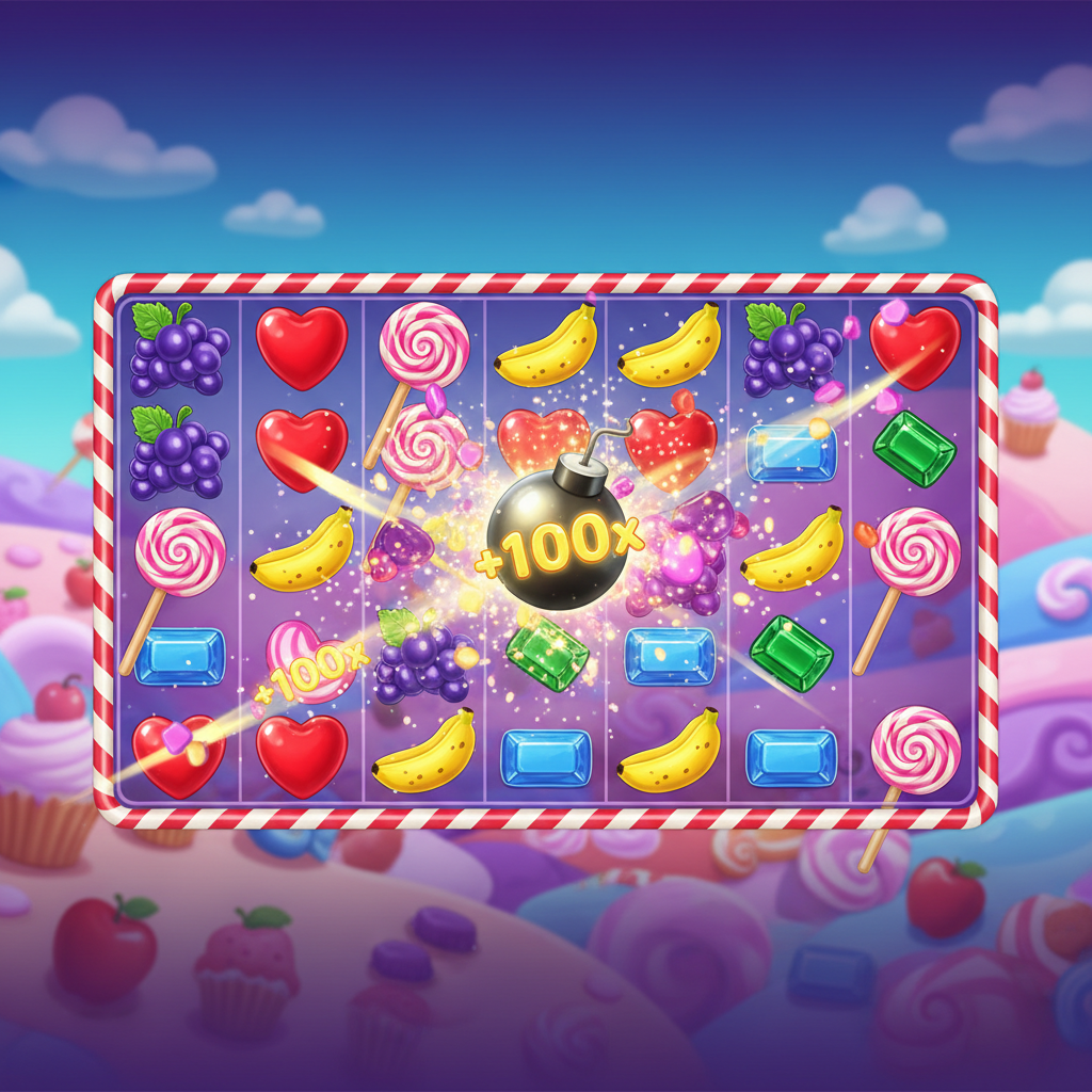 Sweet Bonanza slot game featuring colorful candy symbols including spiral lollipops, heart candies, fresh fruits like bananas, grapes, apples against a purple candy land background with scatter symbols and multiplier bombs