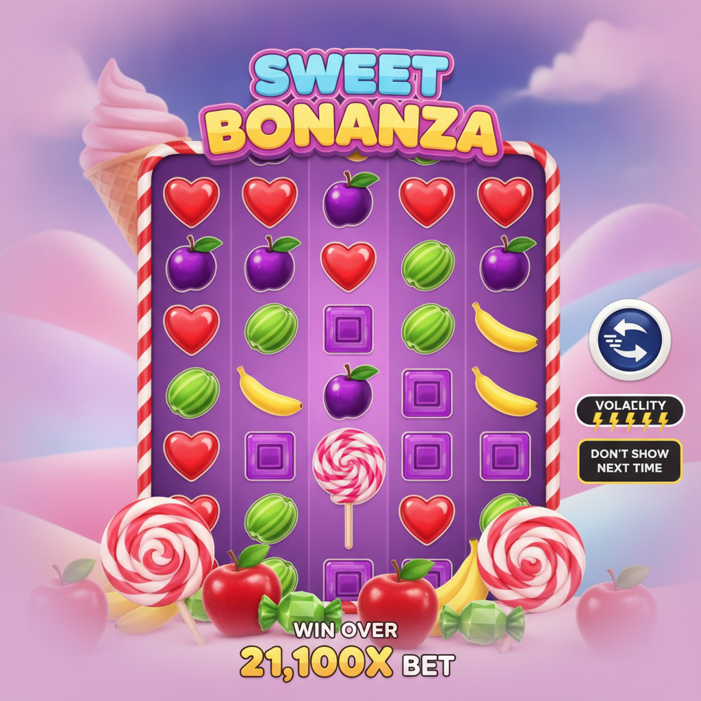 Sweet Bonanza slot game featuring colorful candy landscape, spiral lollipops, fruit symbols including bananas grapes and apples, purple reel grid with candy-cane border