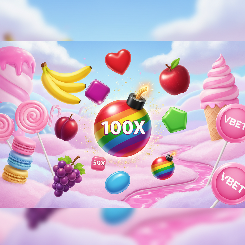 Sweet Bonanza slot game featuring colorful candy land with pink lollipops, fresh fruits including bananas grapes and apples, rainbow multiplier bomb symbols with 100x label, and cotton candy clouds on pastel blue background