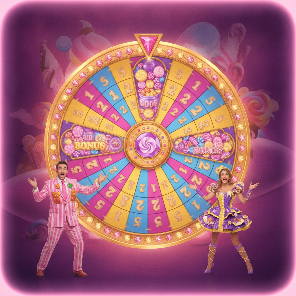 Sweet Bonanza CandyLand live casino game show featuring a large golden spinning wheel with colorful segments including Sweet Spins, Candy Drop, Bubble Surprise, and Sugar Bomb multipliers, hosted by live presenters in a vibrant candy-themed studio with lollipops and pastel decorations