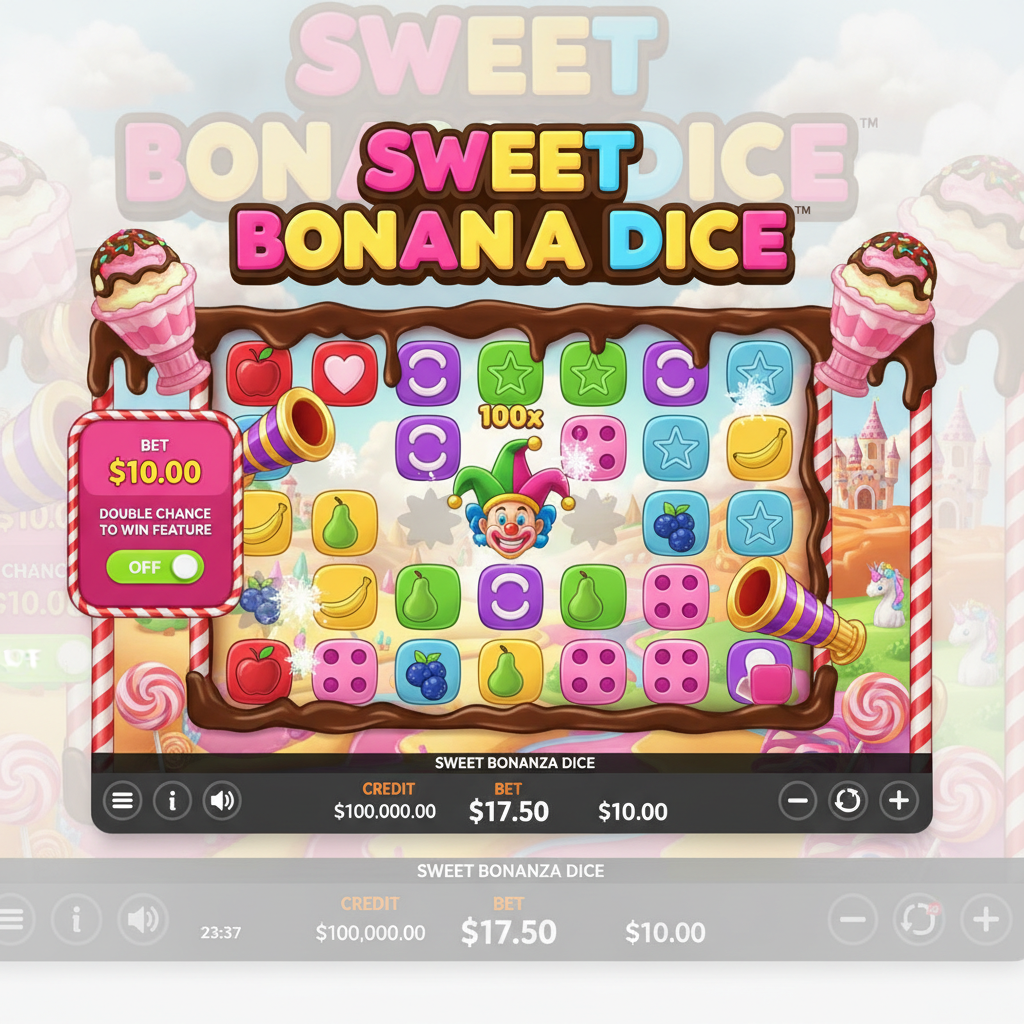 Sweet Bonanza Dice slot game showing 6x5 candy-themed grid with colorful dice symbols including hearts, moons, stars, diamonds, and fruit symbols on pastel candy land background