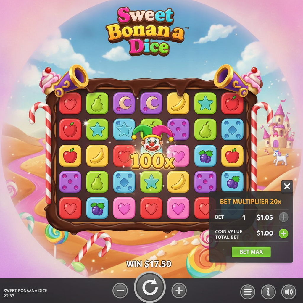 Sweet Bonanza Dice slot game showing 6x5 grid filled with colorful candy-themed dice symbols including hearts, moons, stars, fruits, and purple scatter cannons in fantasy candy landscape