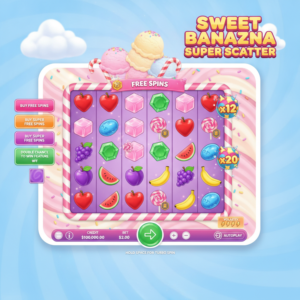 Sweet Bonanza Super Scatter slot game showing 6x5 candy-themed grid with colorful fruit symbols, pink swirl lollipop scatter symbols, multiplier bombs, and pastel pink cream background with ice cream hills