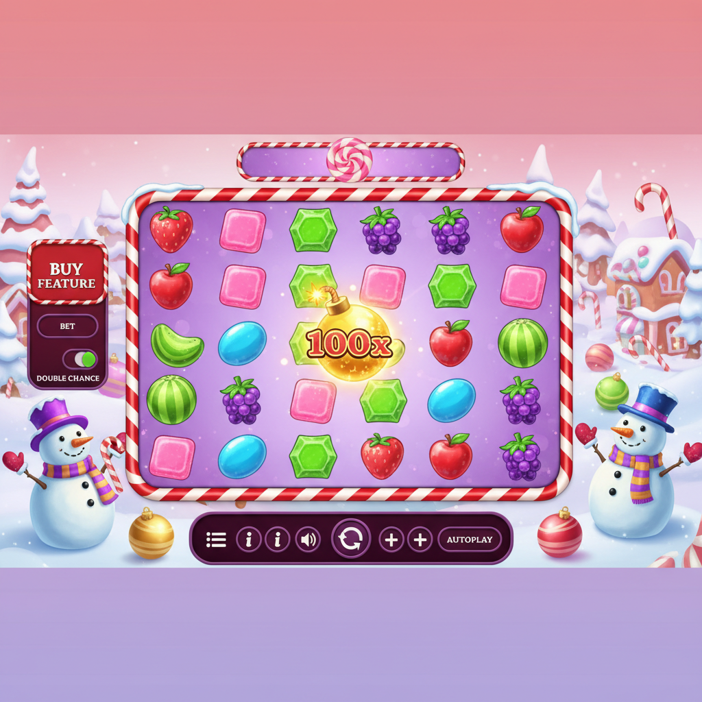 Sweet Bonanza Xmas slot game showing 6x5 grid with festive candy symbols including red hearts, pink strawberries, green melons, purple grapes, and golden multiplier bomb displaying 100x on snowy Christmas background