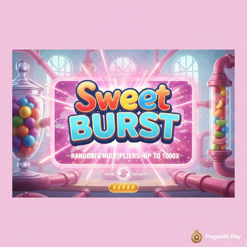 Sweet Burst slot game by Pragmatic Play featuring colorful candy symbols including yellow star, green lime, red strawberry, orange slice, pink raspberry, and blue blueberry in a vibrant candy laboratory setting with pink pipes and glass jars