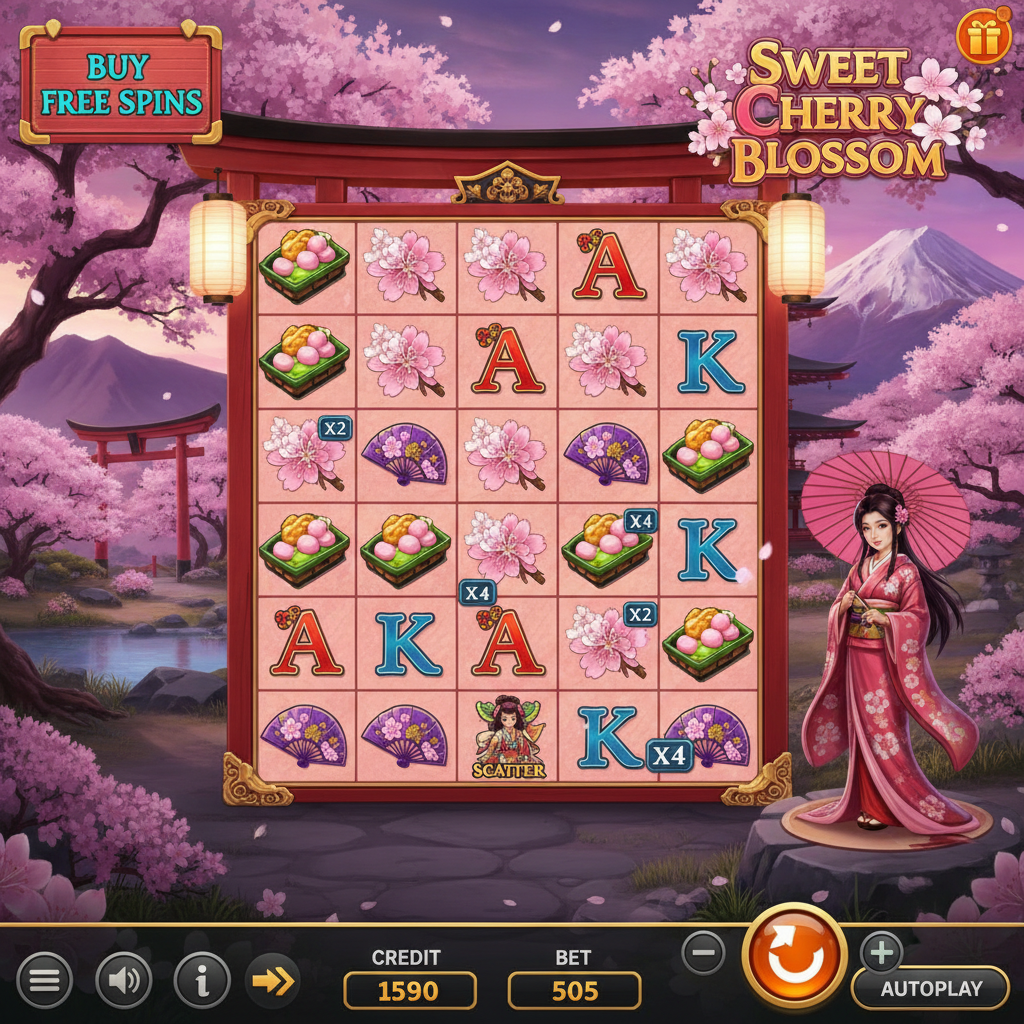 Sweet Cherry Blossom slot game showing 7x7 grid with Japanese geisha character, cherry blossom trees, red torii gate frame, pink sakura symbols, traditional mochi, decorative fan, parasol symbols on Japanese garden background at twilight