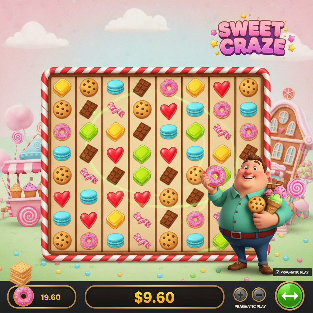 Sweet Craze slot game by Pragmatic Play showing 7x7 candy-themed grid with colorful donut, cookie, chocolate bar, and heart symbols on cream background with cheerful mascot character holding pink donut