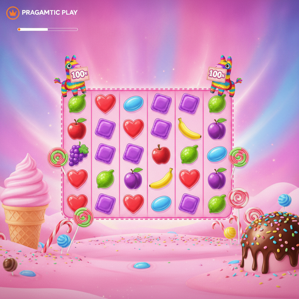 Sweet Fiesta slot game showing vibrant candy land theme with colorful heart candies, purple square candies, green pentagon candies, fruit symbols, and festive pinata multiplier characters on a 6x5 grid