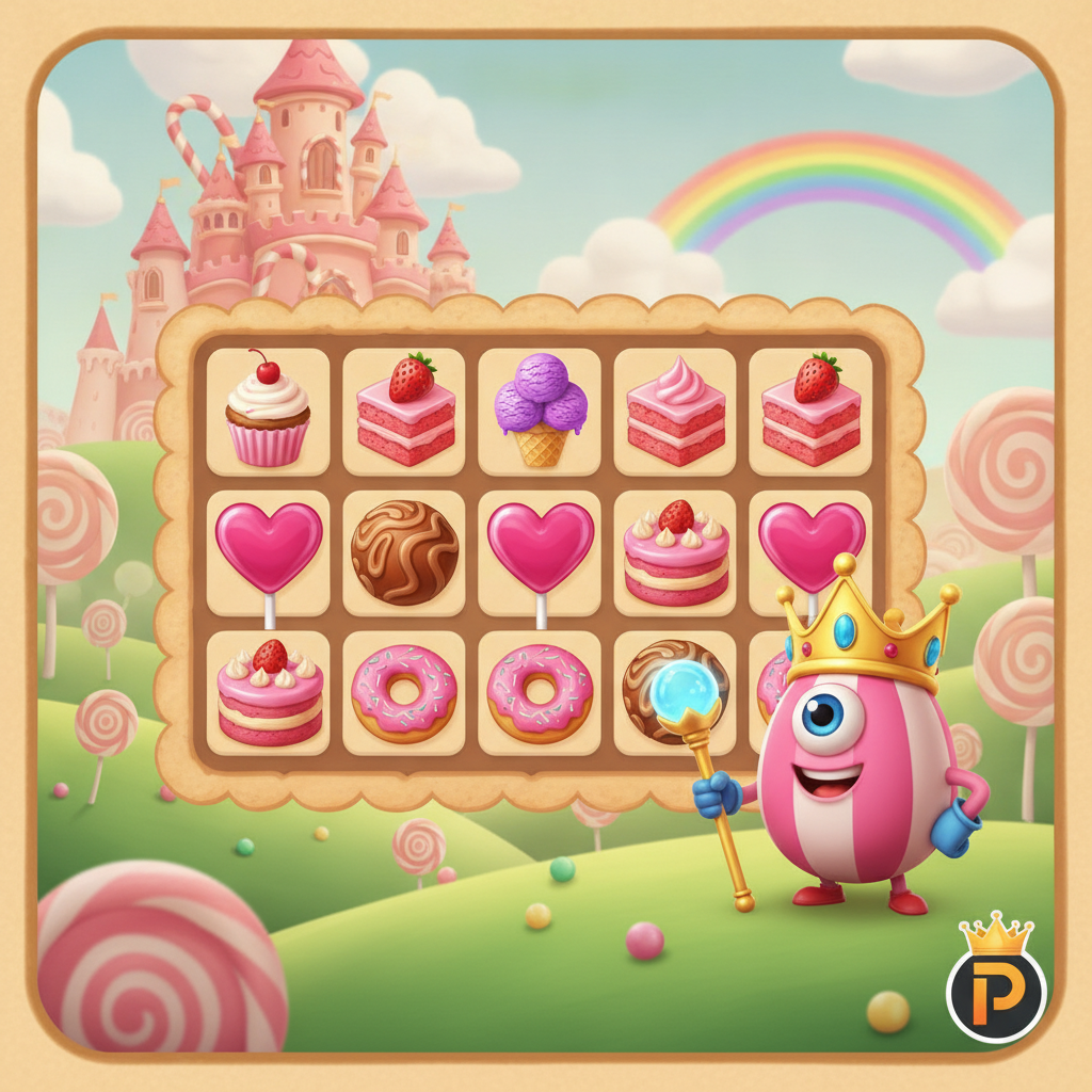 Sweet Kingdom slot game by Pragmatic Play showing 7x7 candy-themed grid with colorful symbols including cupcakes, strawberry cake slices, ice cream cones, heart lollipops, chocolate truffles, pink donuts and the Candy King mascot with golden crown