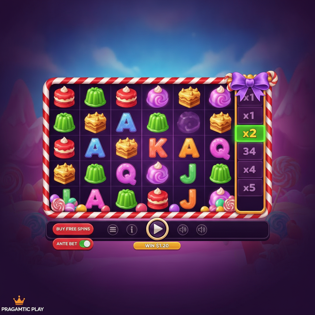 Sweet PowerNudge slot game by Pragmatic Play showing colorful candy reels with layered cakes, jellies, lollipops, and gold multiplier reel featuring cluster pays and nudge mechanics